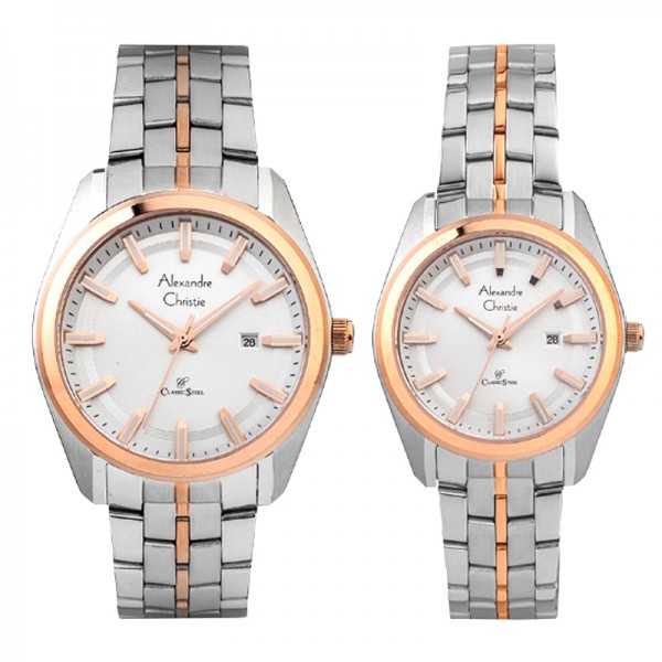 Alexandre Christie AC 8637 Silver Rosegold White Couple